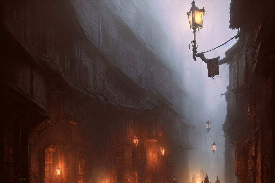 Dimly Lit Alley with Glowing Lanterns in Foggy Setting