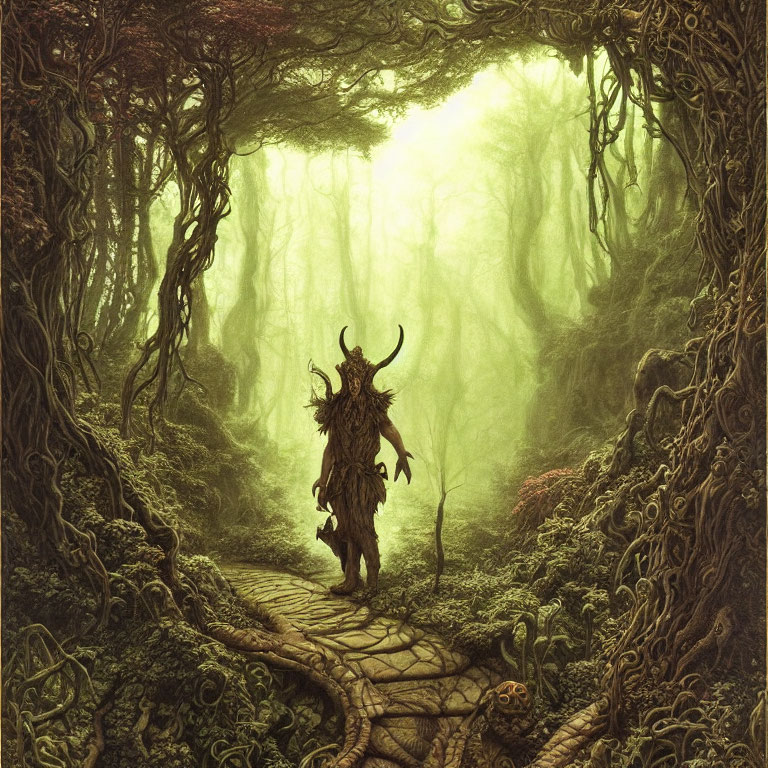 Mystical forest with thick foliage, cobblestone path, and humanoid tree creature