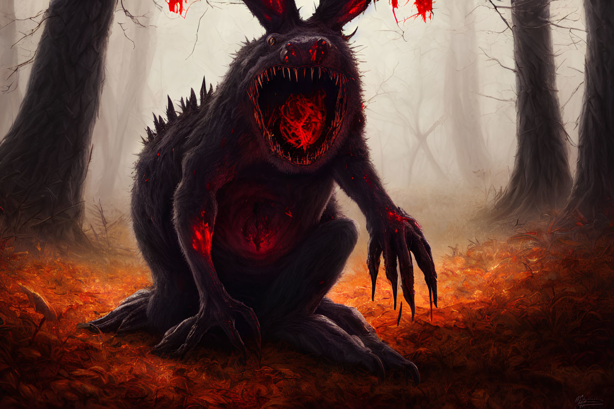 Menacing monster with glowing red eyes in misty forest