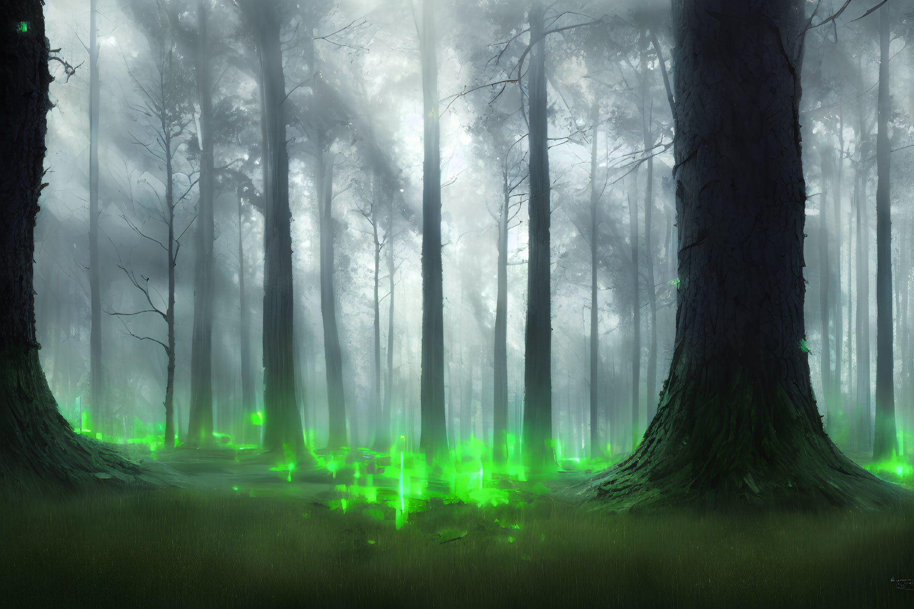 Enchanting Forest with Towering Trees and Ethereal Green Glows