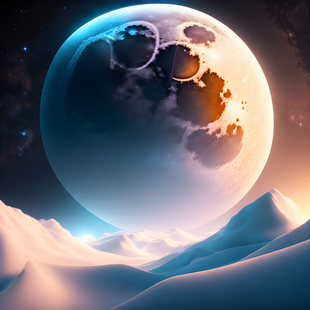 Surreal planet with craters over icy landscape at twilight