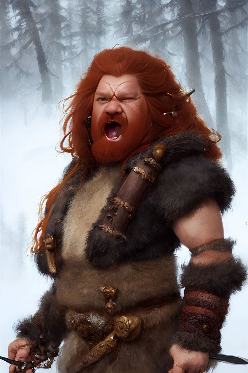 Red-haired warrior in fur and leather armor roaring in snowy forest