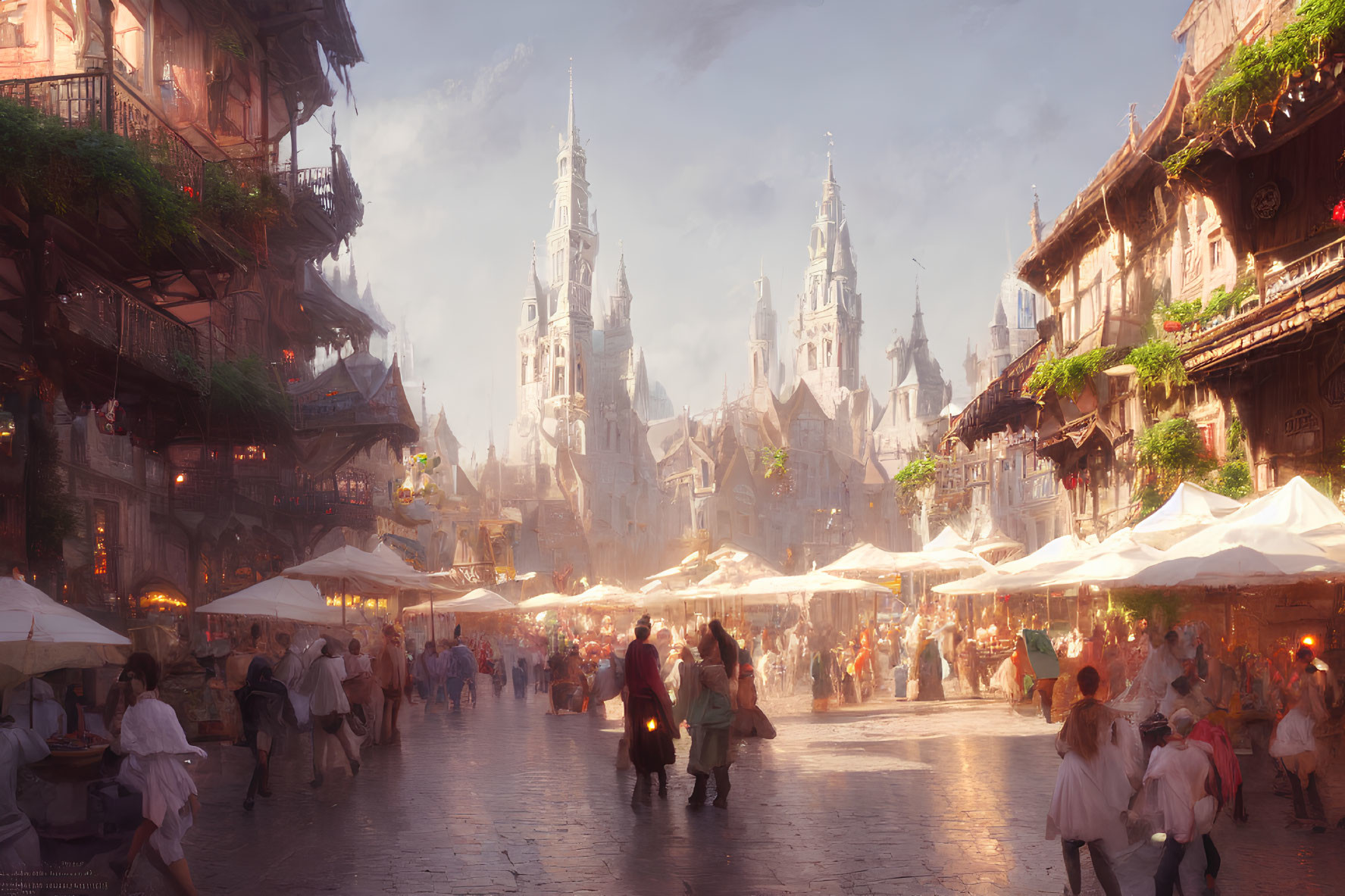 Vibrant fantasy market scene with bustling crowds and ornate buildings