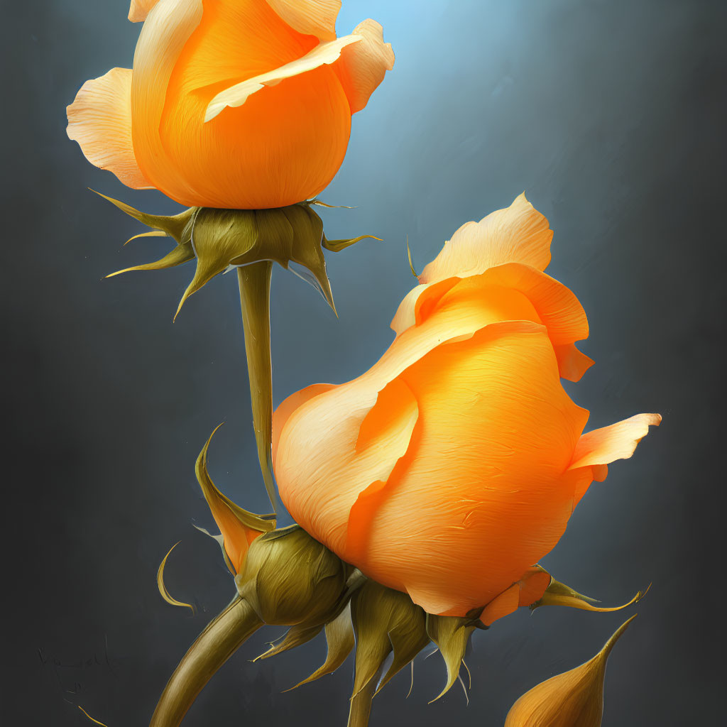 Vibrant orange roses on muted blue backdrop