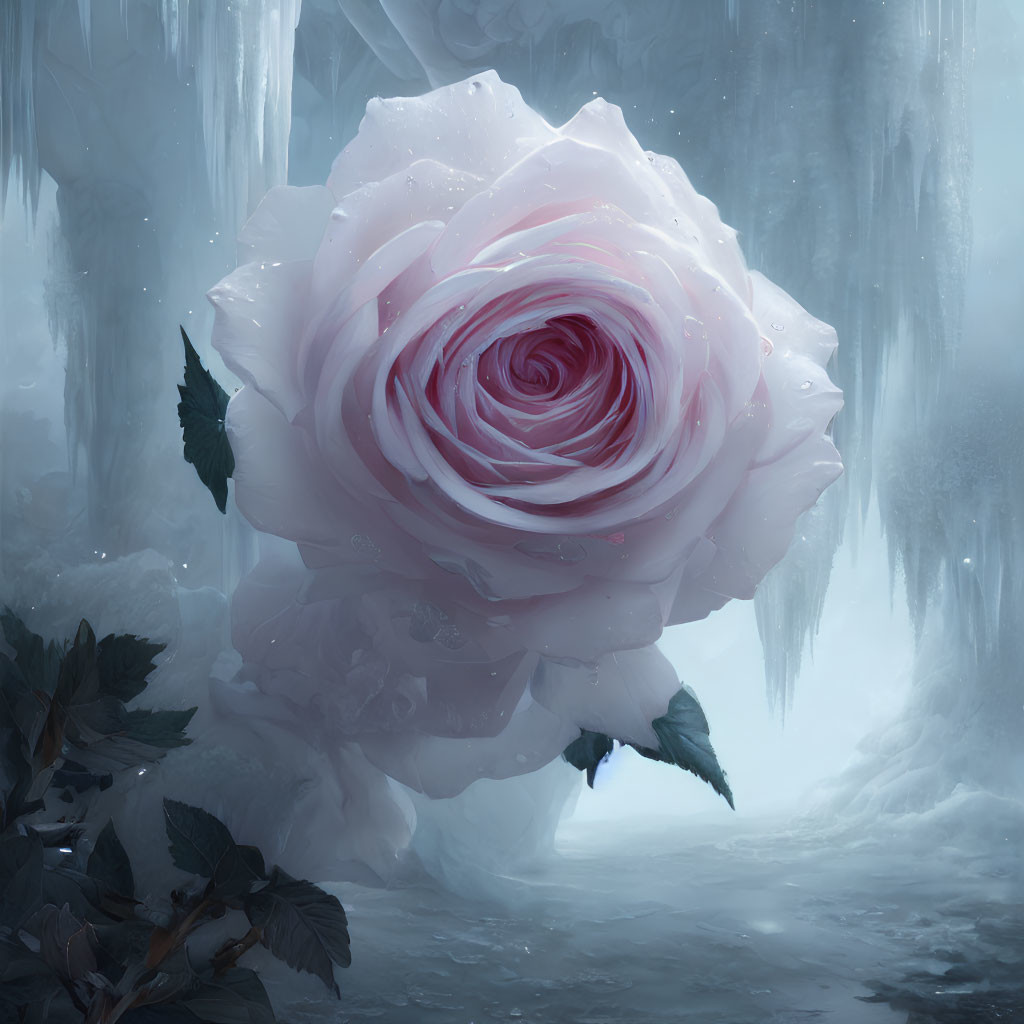 Pale Pink Rose Blooms in Frosty Cave with Icicles