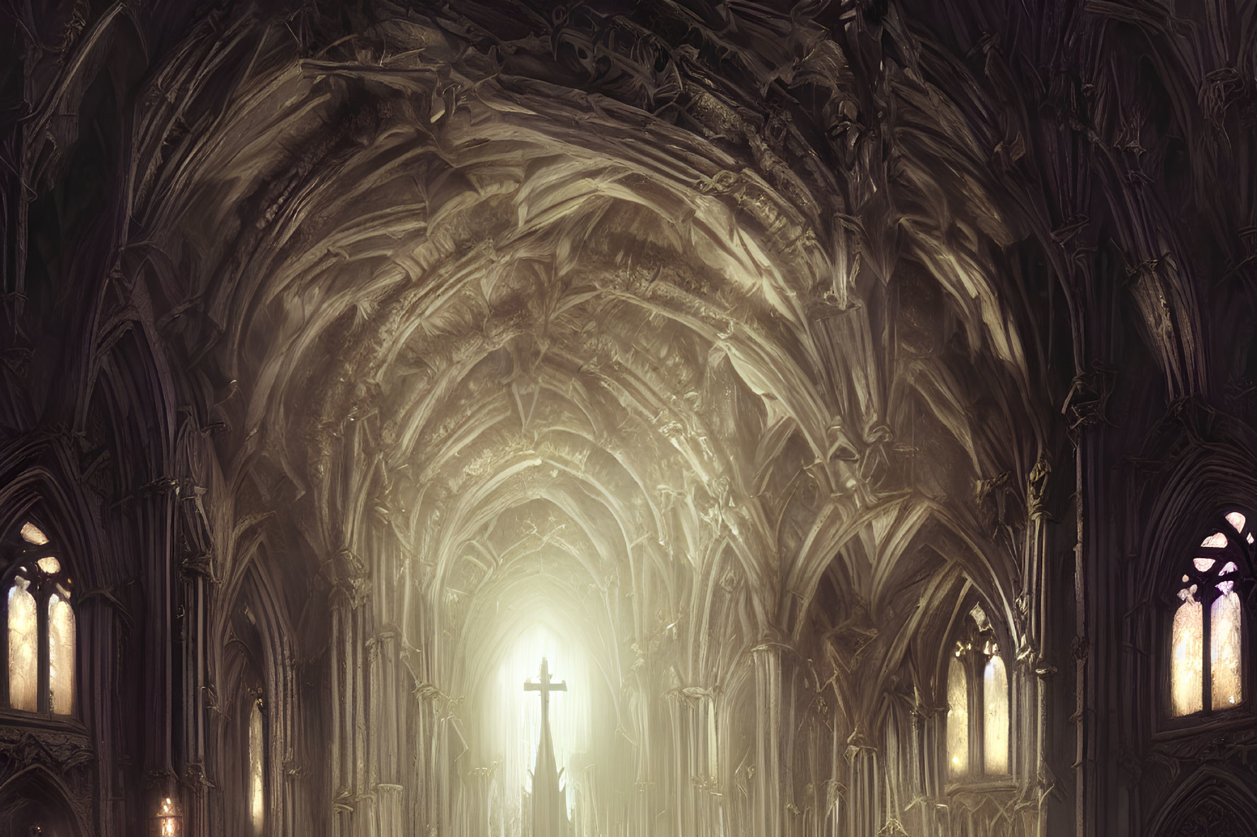 Gothic Cathedral Interior with Arched Ceilings and Stained-Glass Windows