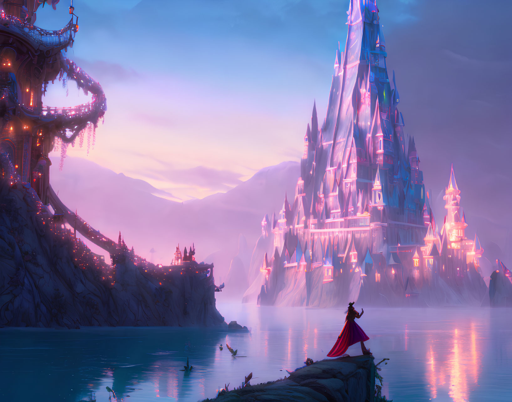 Figure in Red Cape Overlooks Crystal Castle in Twilight