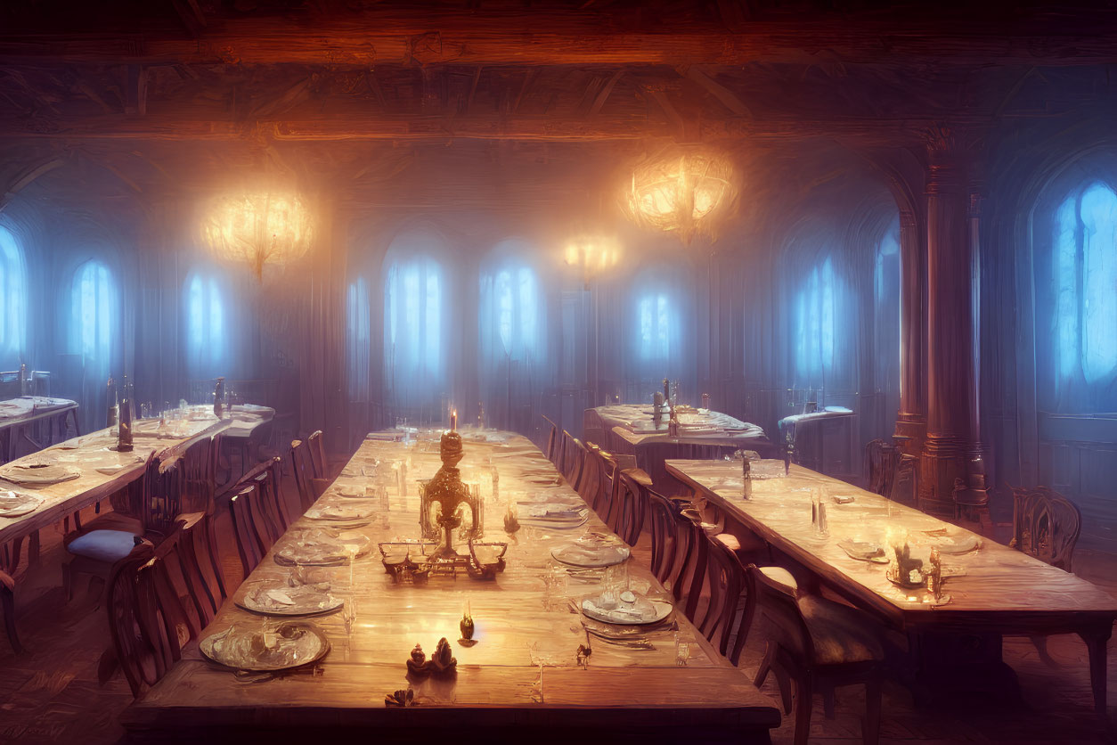 Dimly lit Gothic dining hall with wooden tables and candelabras