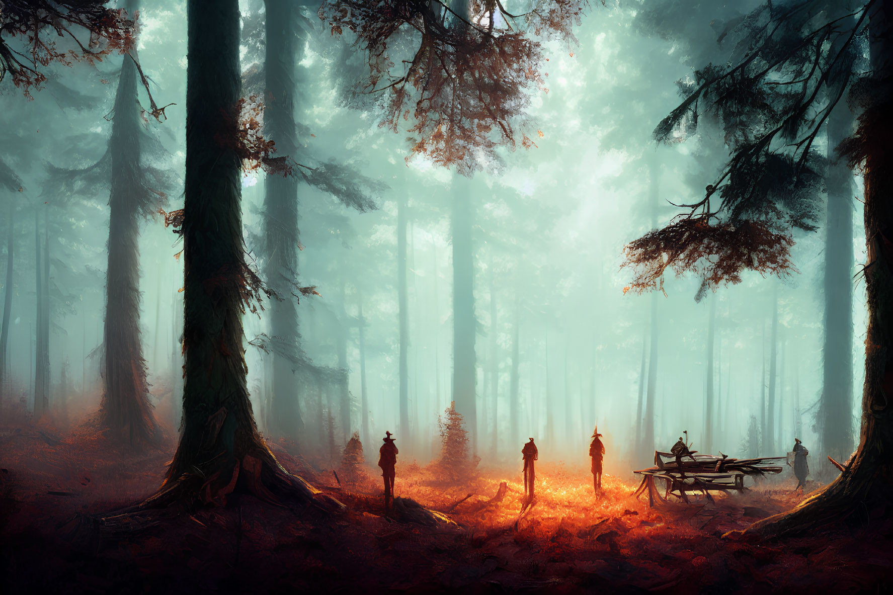 Enchanting forest scene with towering trees and silhouettes of figures