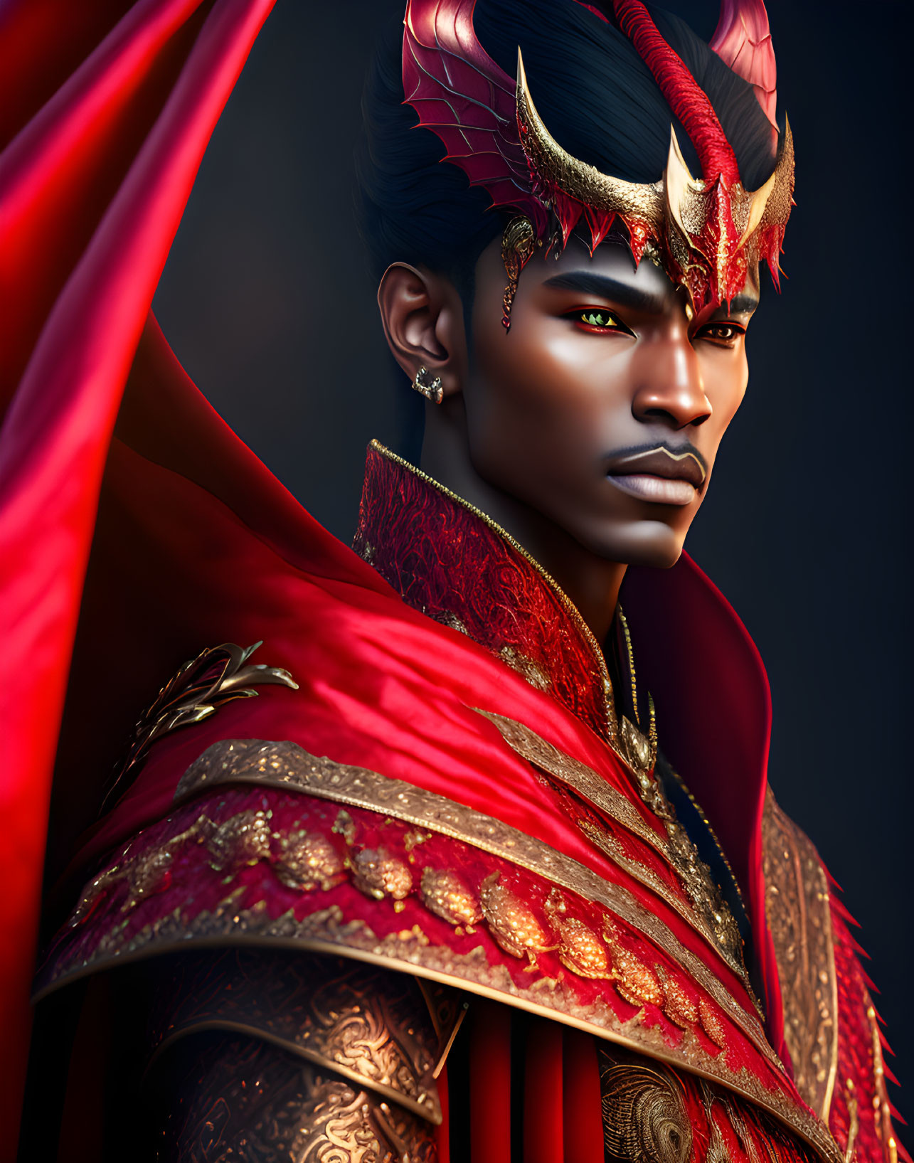 Regal figure with golden dragon horns and detailed red robe