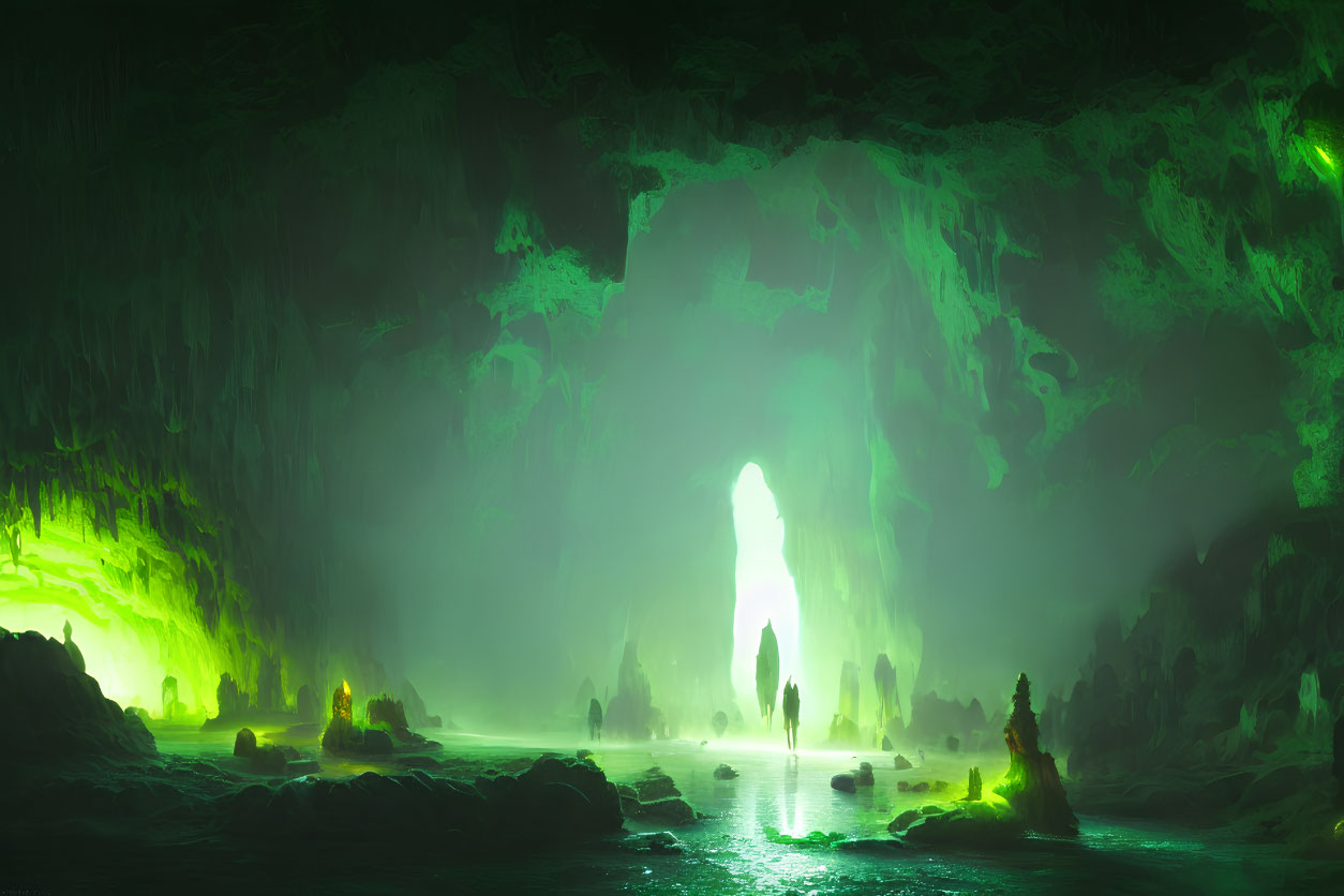 Luminescent Green Cave with Stalactites and Glowing Water