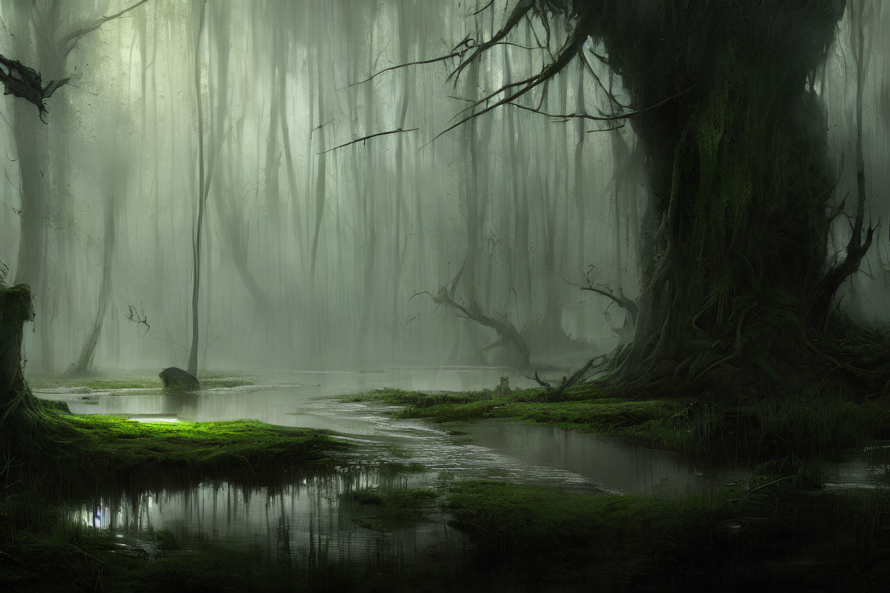 Mystical fog-shrouded forest with towering trees and serene waterway