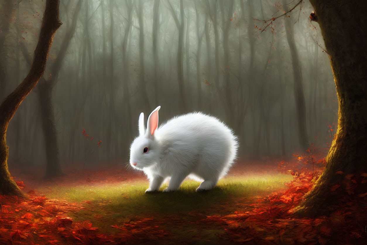 White Rabbit in Mystical Forest with Autumn Leaves and Sunlight