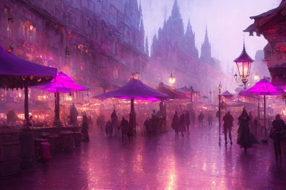 Twilight street scene with purple hues, rain-soaked ambiance, silhouettes, and gothic