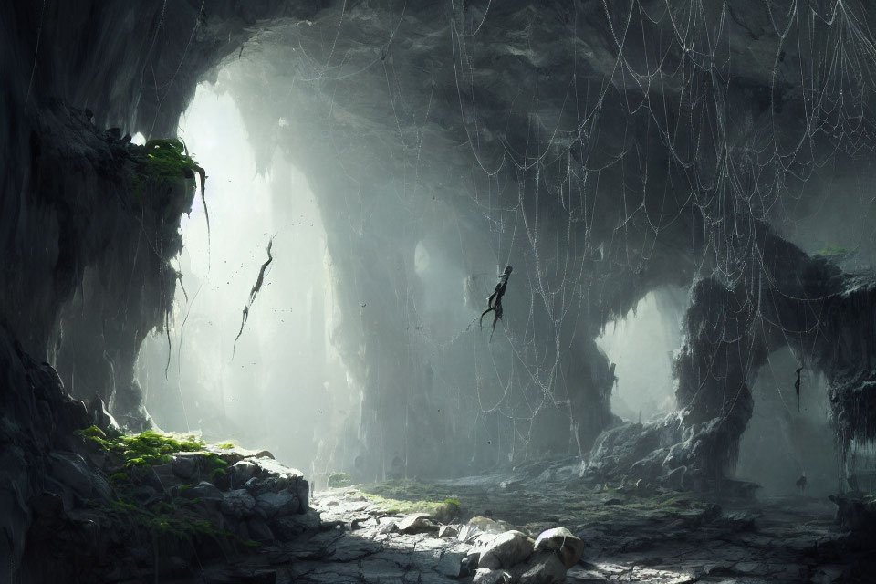 Solitary figure descending misty cavern with hanging vines and soft light