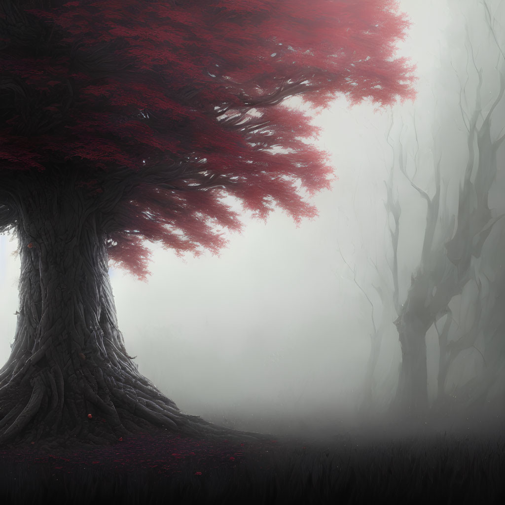 Mystical red tree in foggy forest setting