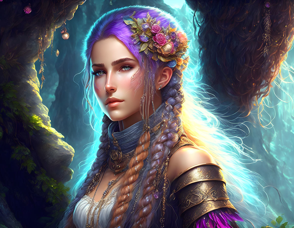 Digital artwork: Woman with purple hair, floral adornments, intricate armor, mystical forest background