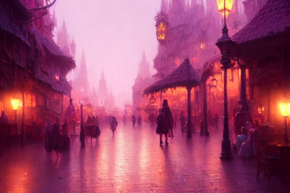 Purple-hued fantasy cityscape with fog, glowing lamps, old-fashioned buildings, and bustling street market