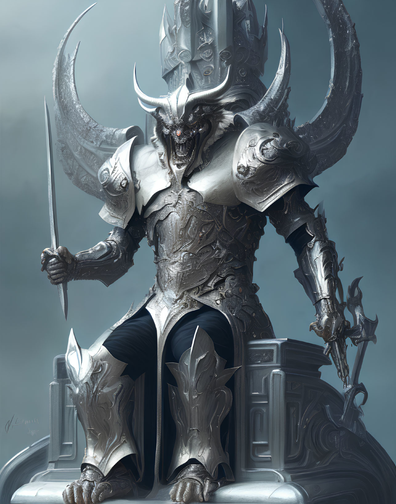 Armored demonic figure on throne with sword and horned helmet