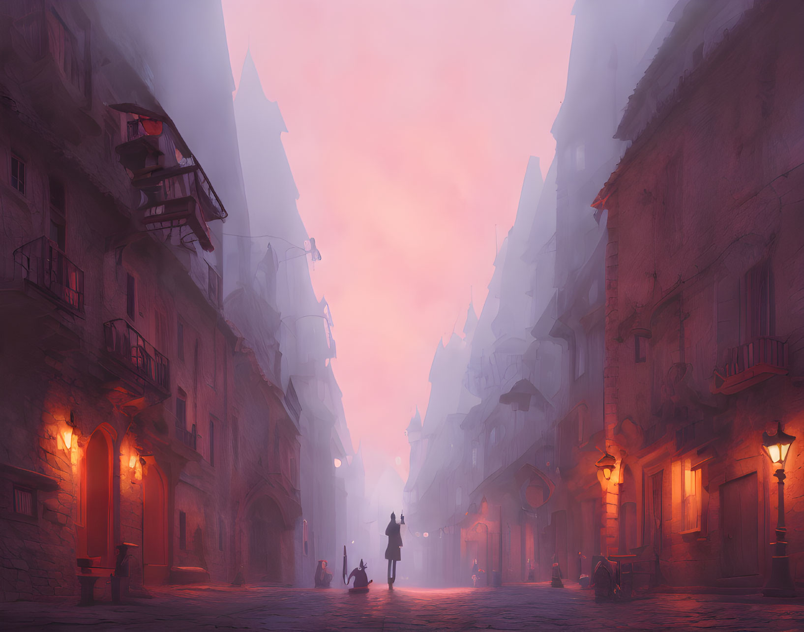 Moody street scene with pink and purple hues and silhouetted figures