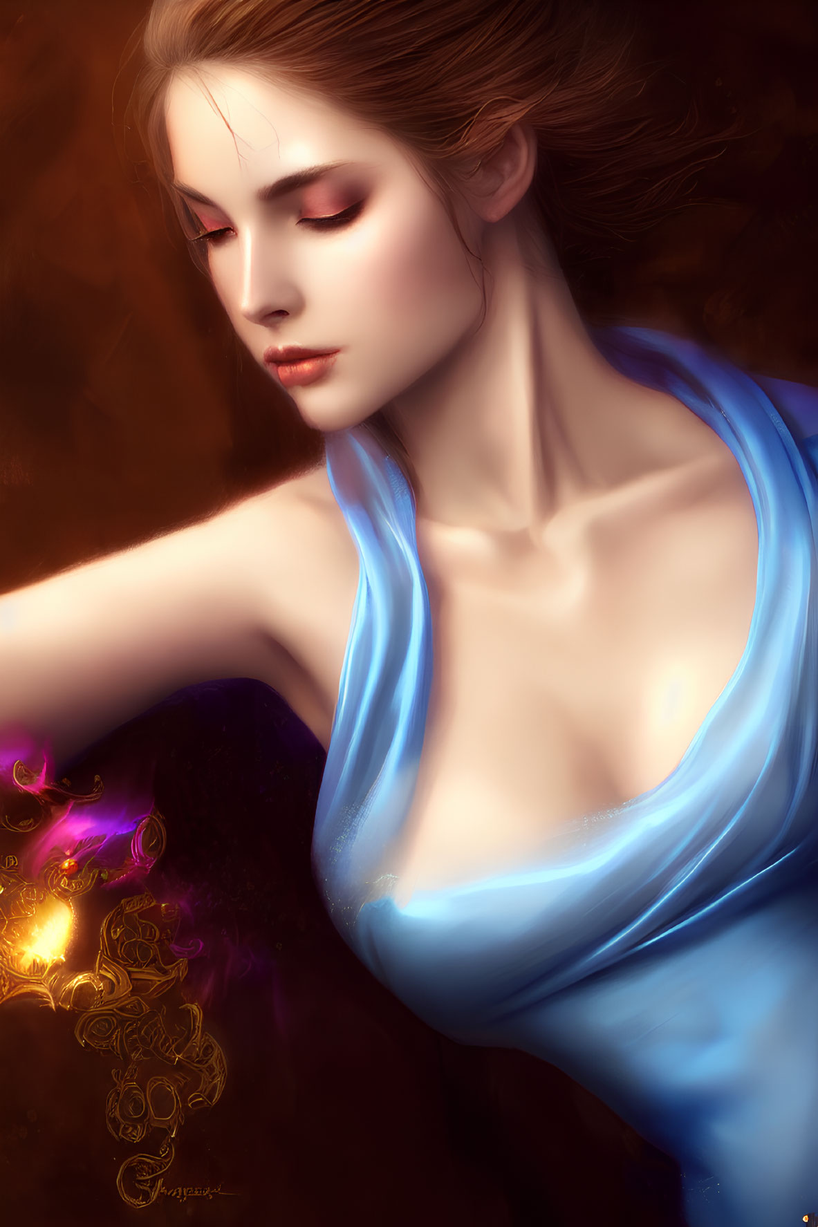 Digital painting of woman in blue silk with flowing hair and glowing symbol