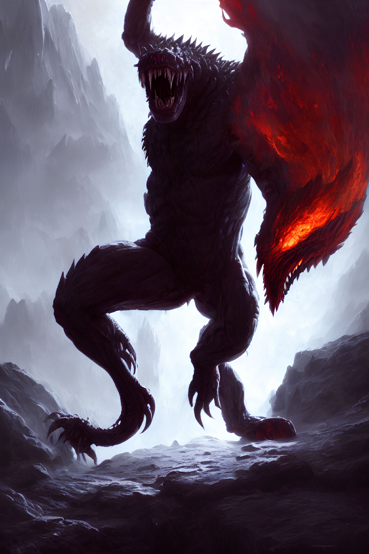 Fiery-winged dragon creature in misty mountain landscape