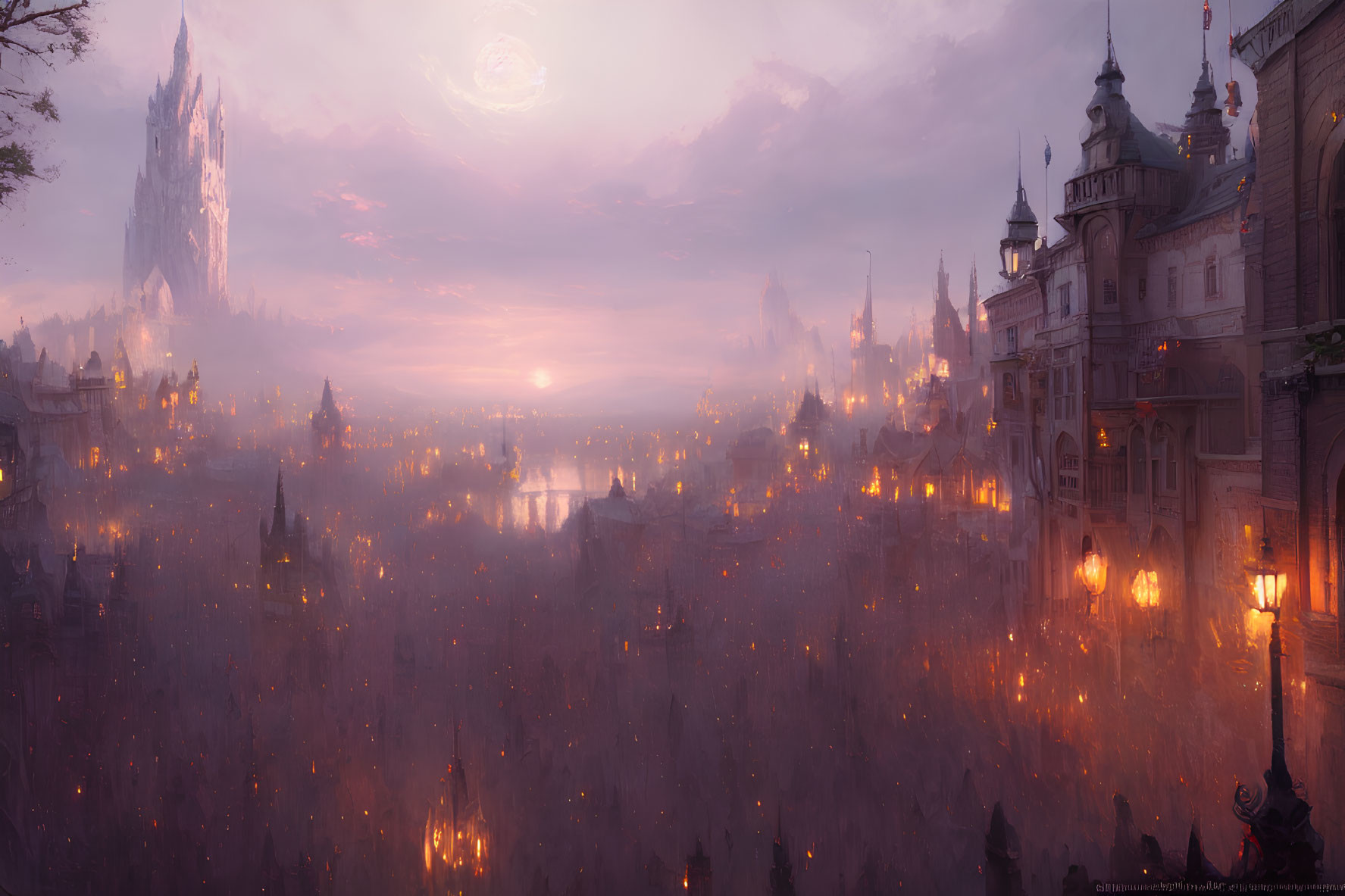 Mystical sunset over fantasy city with castle and spires