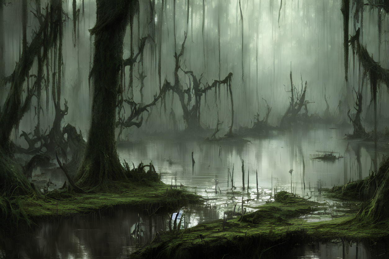 Mystical swamp with twisted trees and ethereal fog