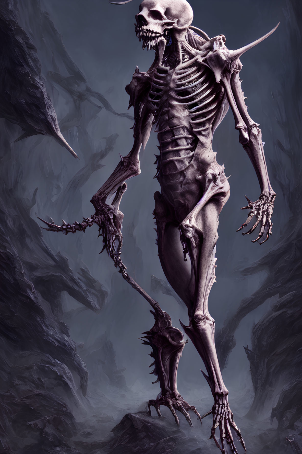 Grotesque humanoid skeletal figure with elongated limbs and horned skull on jagged rocks.