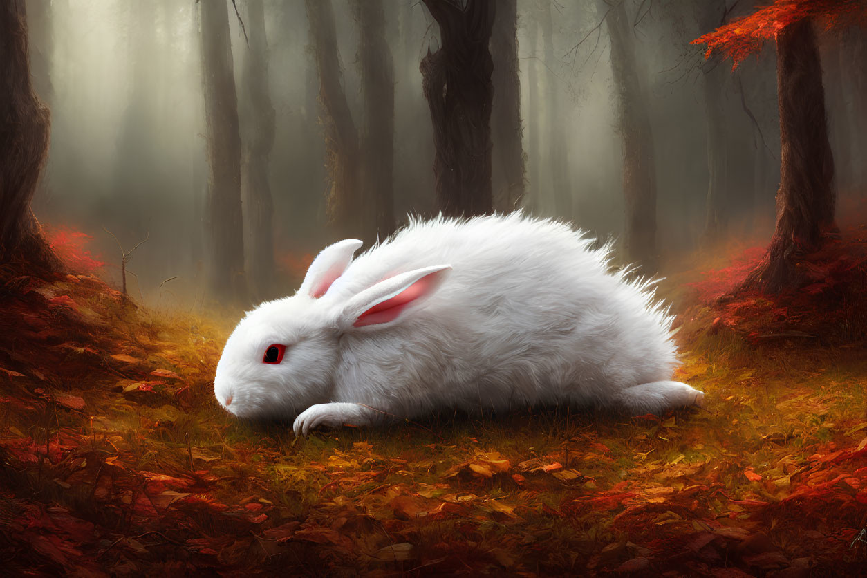 White Rabbit with Red Eyes Resting on Orange Leaves in Mystical Forest