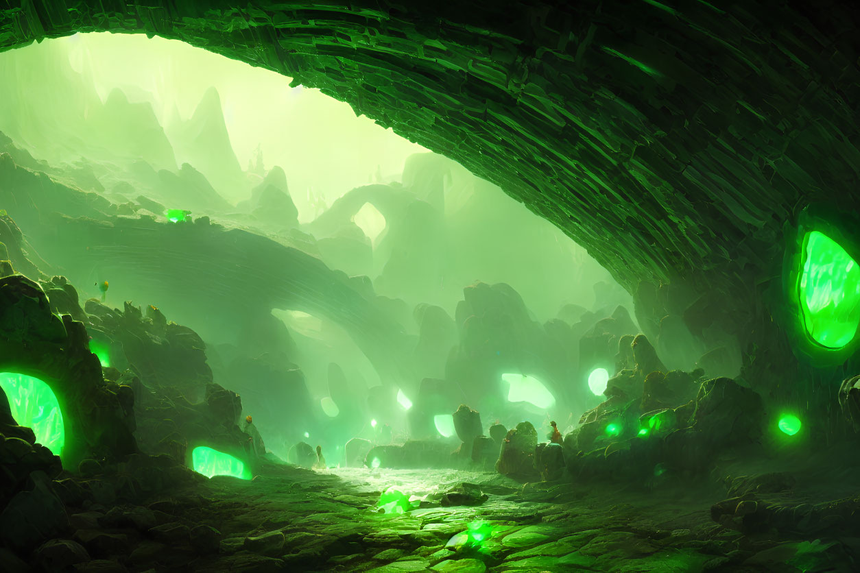 Mystical cave with glowing green crystals and vast arched entrance