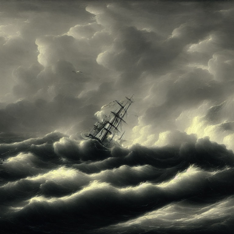 Stormy Seas: Ship Confronts Dark Sky and Towering Clouds