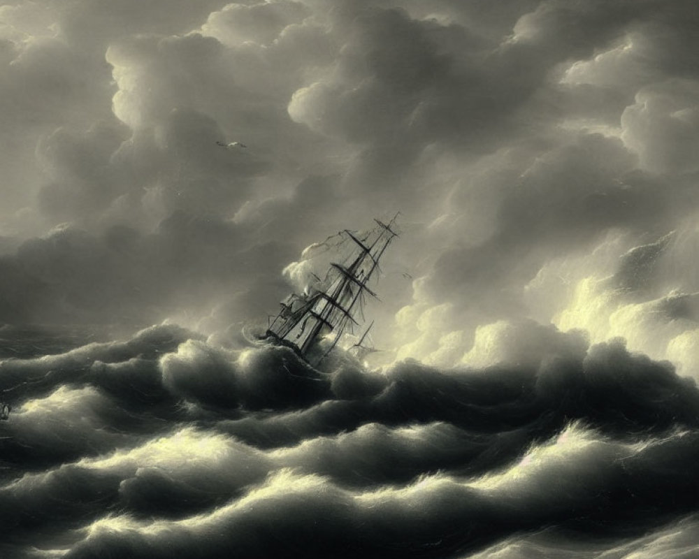 Stormy Seas: Ship Confronts Dark Sky and Towering Clouds