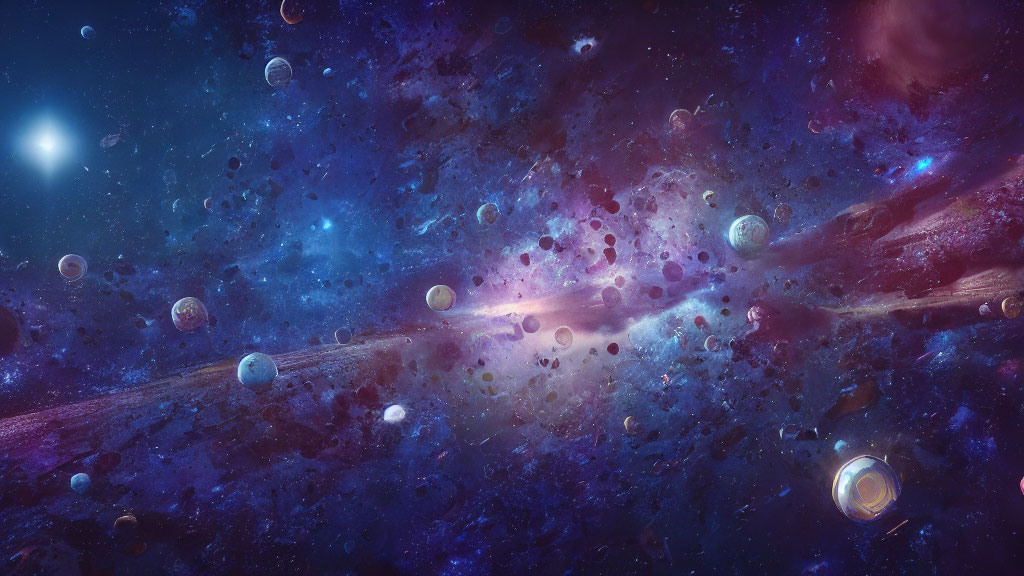 Colorful cosmic landscape with star clusters, nebulae, and planets in dark blue space