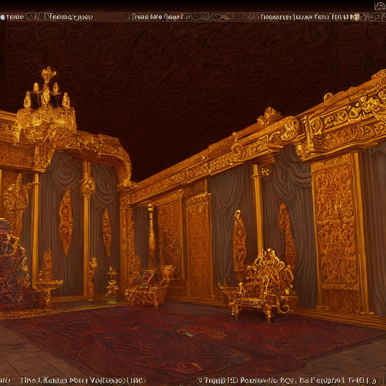 Luxurious Golden Room with Intricate Wall Designs and Ornate Throne