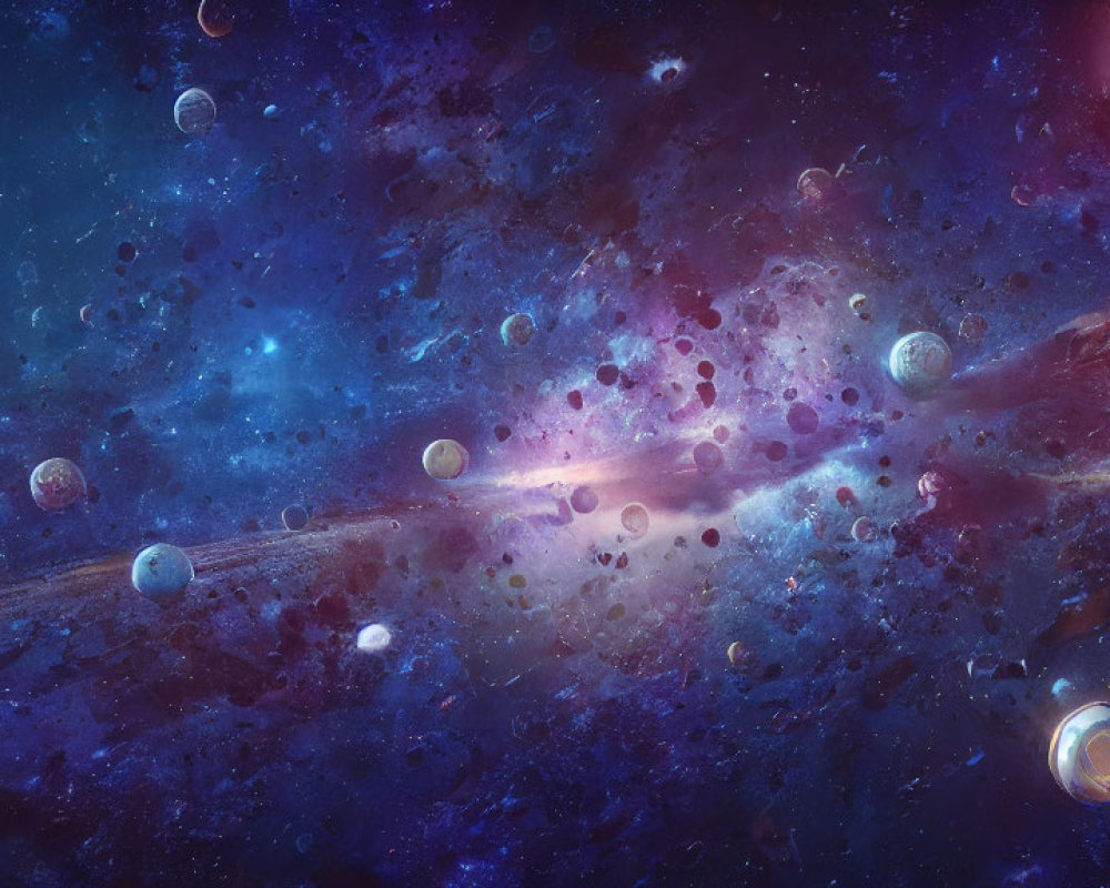 Colorful cosmic landscape with star clusters, nebulae, and planets in dark blue space