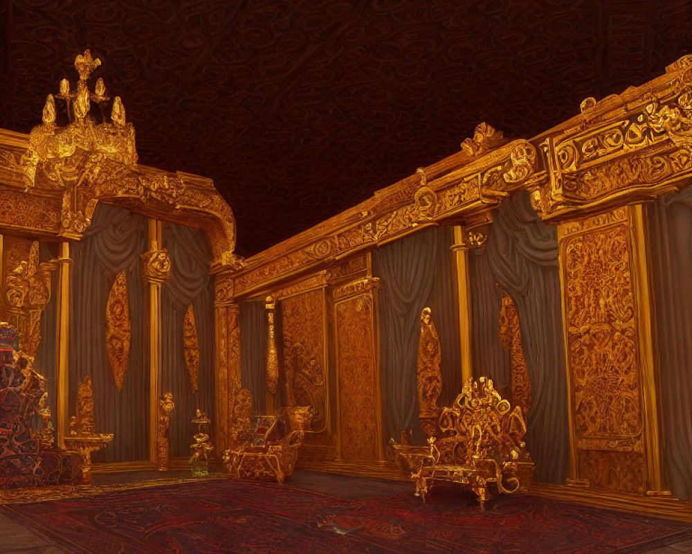 Luxurious Golden Room with Intricate Wall Designs and Ornate Throne