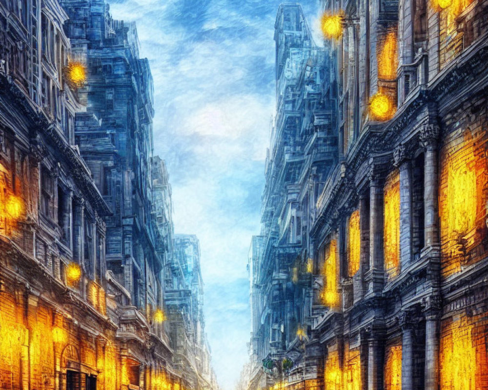 Digitally enhanced cityscape: vibrant colors, illuminated buildings, cobblestone streets