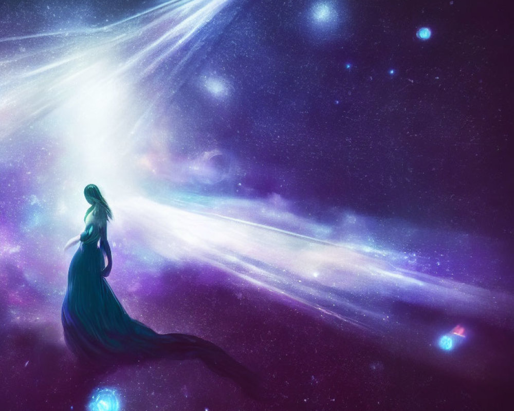 Silhouette of woman in flowing dress admires cosmic scene with comet, stars, and nebulae