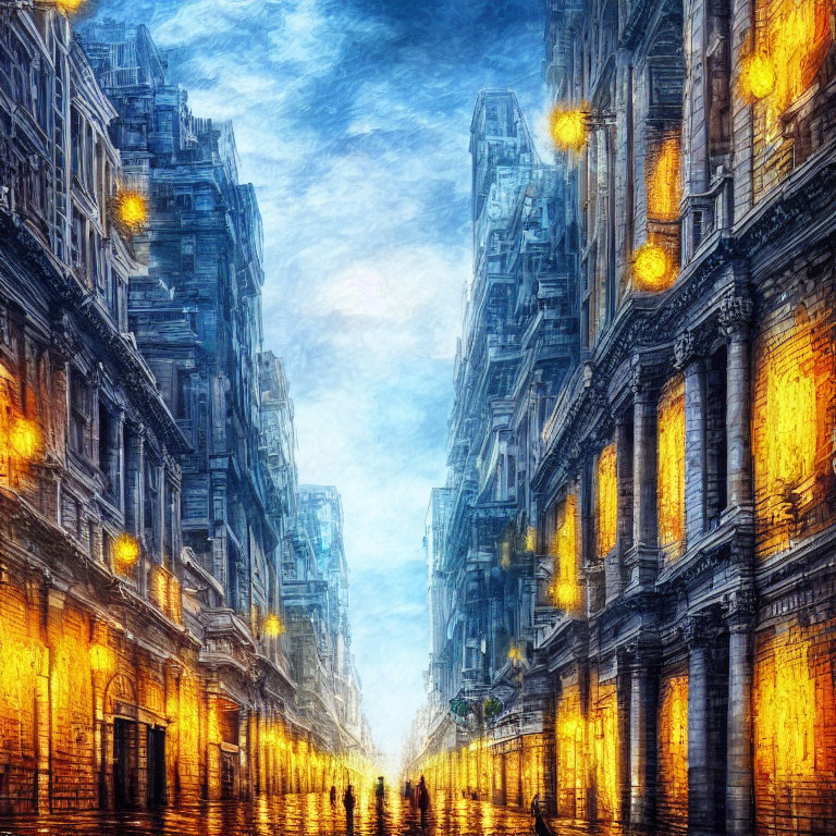 Digitally enhanced cityscape: vibrant colors, illuminated buildings, cobblestone streets