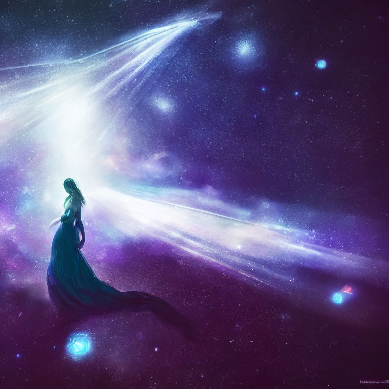 Silhouette of woman in flowing dress admires cosmic scene with comet, stars, and nebulae