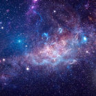 Colorful cosmic landscape with star clusters, nebulae, and planets in dark blue space