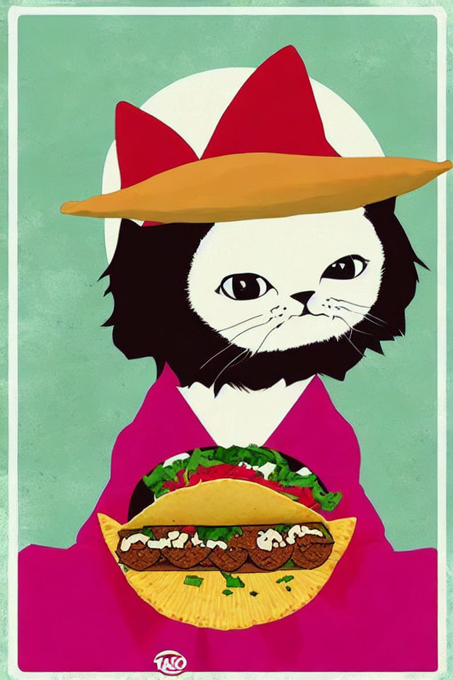 Cat in sombrero as taco vendor with taco on mint green background