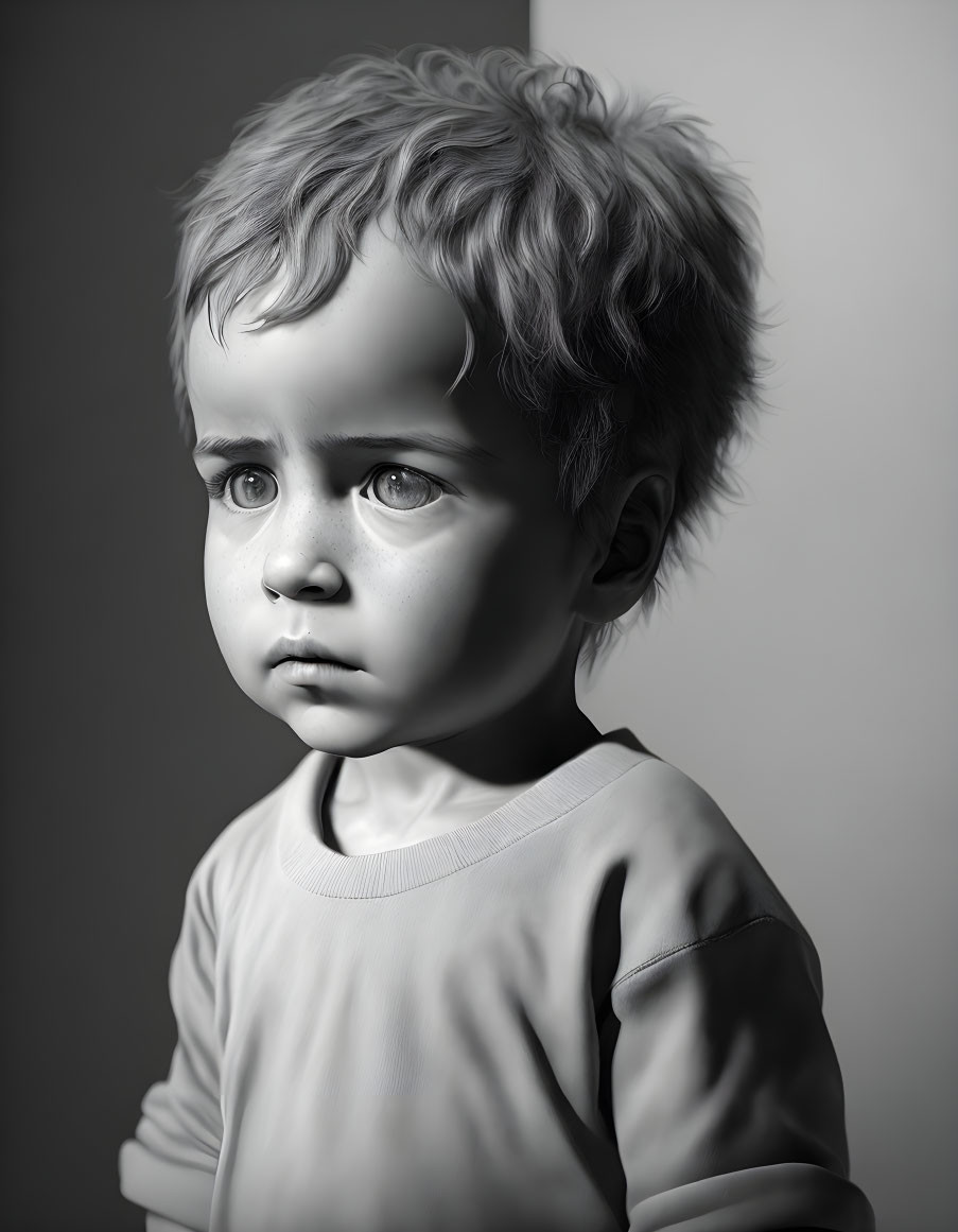 Monochrome portrait of young child with curly hair and expressive eyes