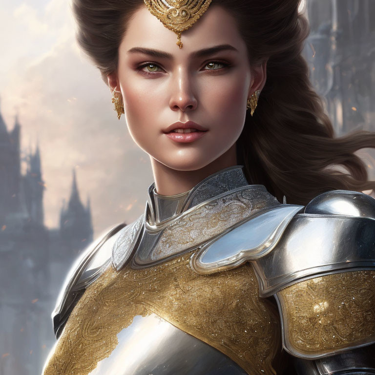 Detailed digital portrait of a female warrior in silver and gold armor with castle backdrop