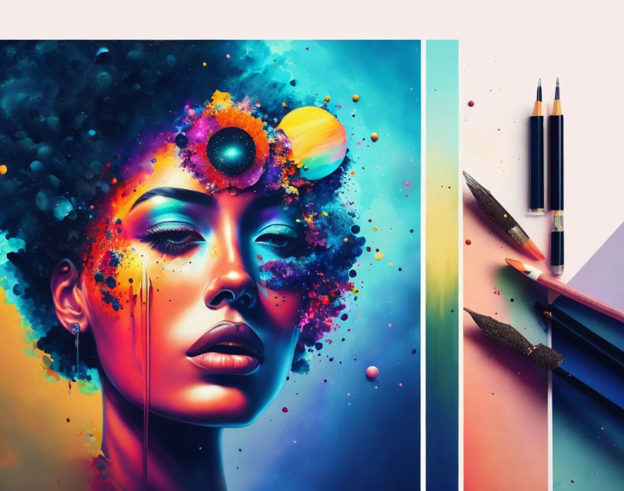 Colorful cosmic-themed woman illustration with celestial elements and art supplies