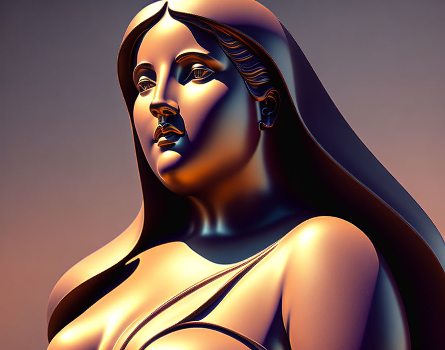 Digital artwork: Woman with flowing hair and draped garment, smooth gradients, metallic sheen