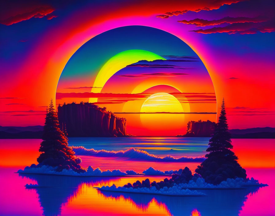 Surreal layered sun setting over water with purple and pink sky