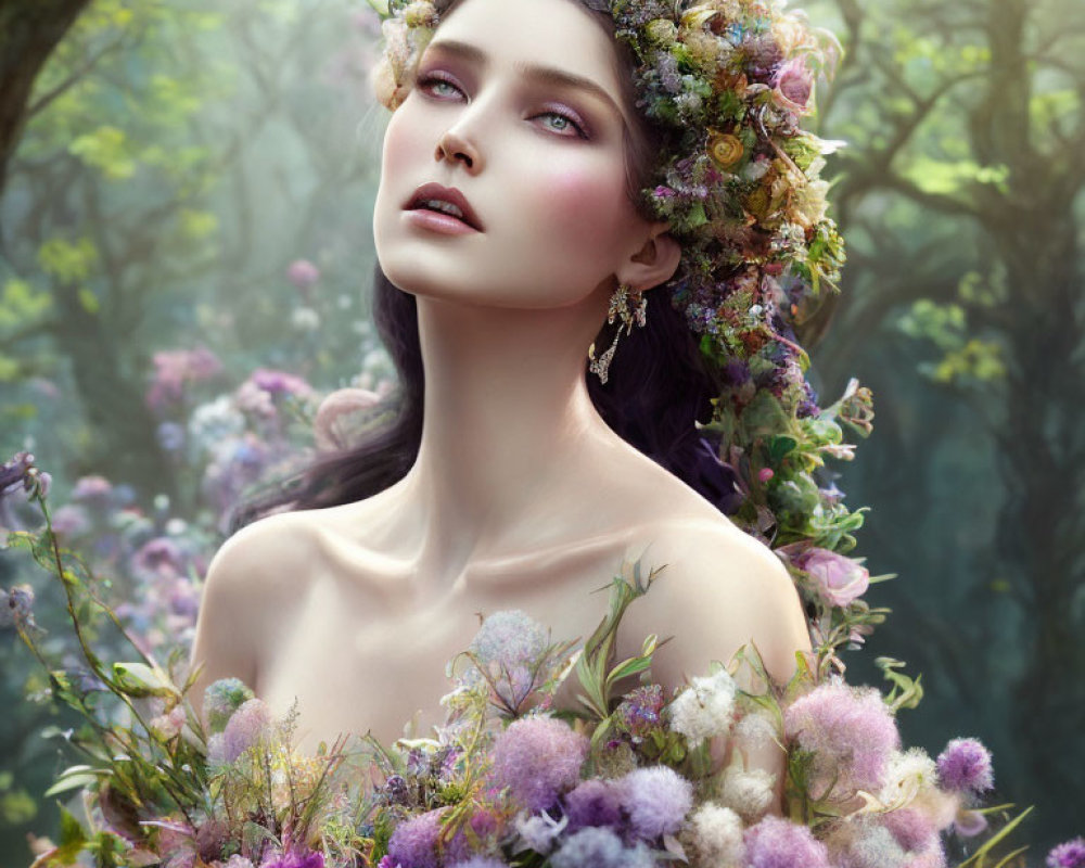 Woman with Floral Crown in Blooming Garden and Mystical Forest