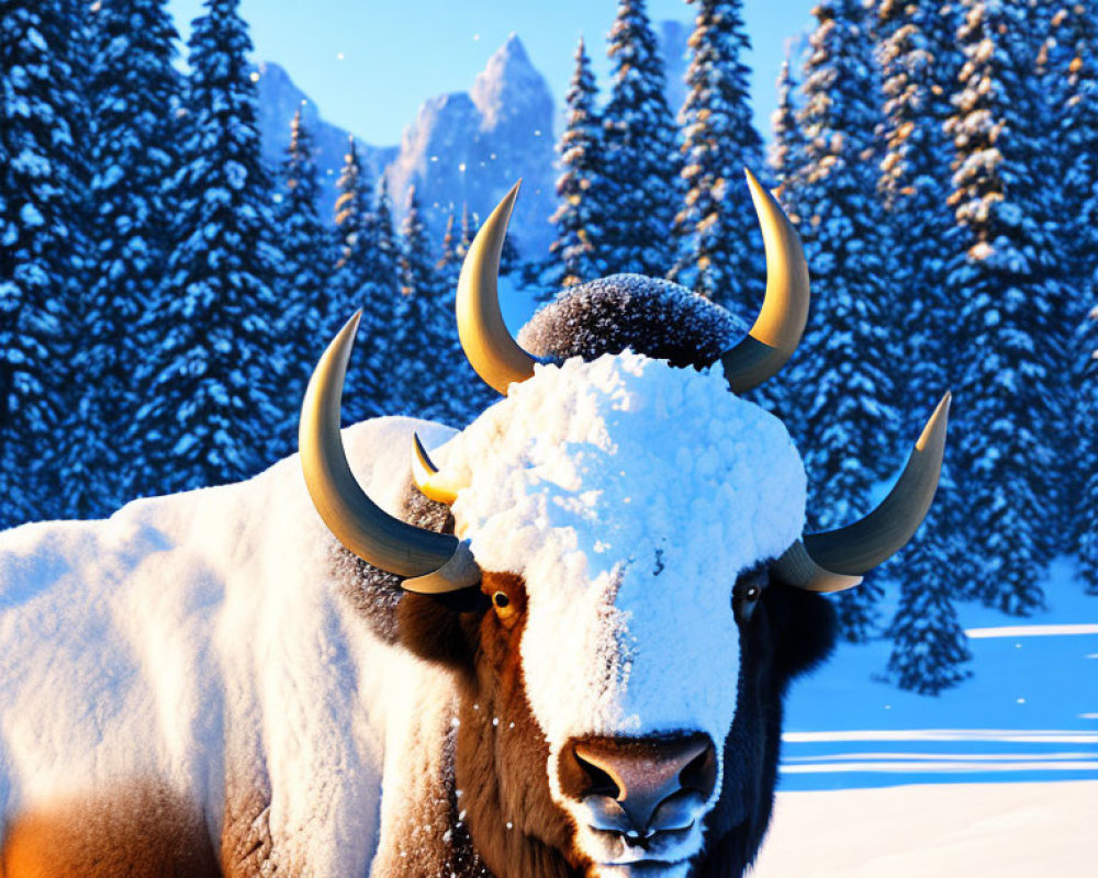 Majestic yak with snowy coat in mountain landscape